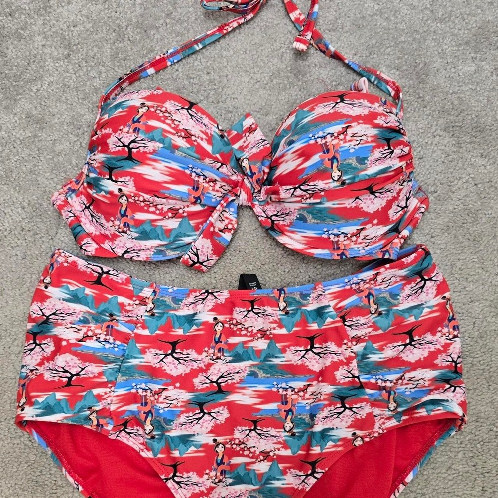 Disney red, blue, and black cherry blossom and crane print bikini set'
